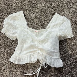 ROMWE White Eyelet Lace-Up Blouse